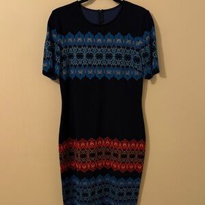 St. John Black Midi Dress with Blue and Red Patterned Bands Size 8